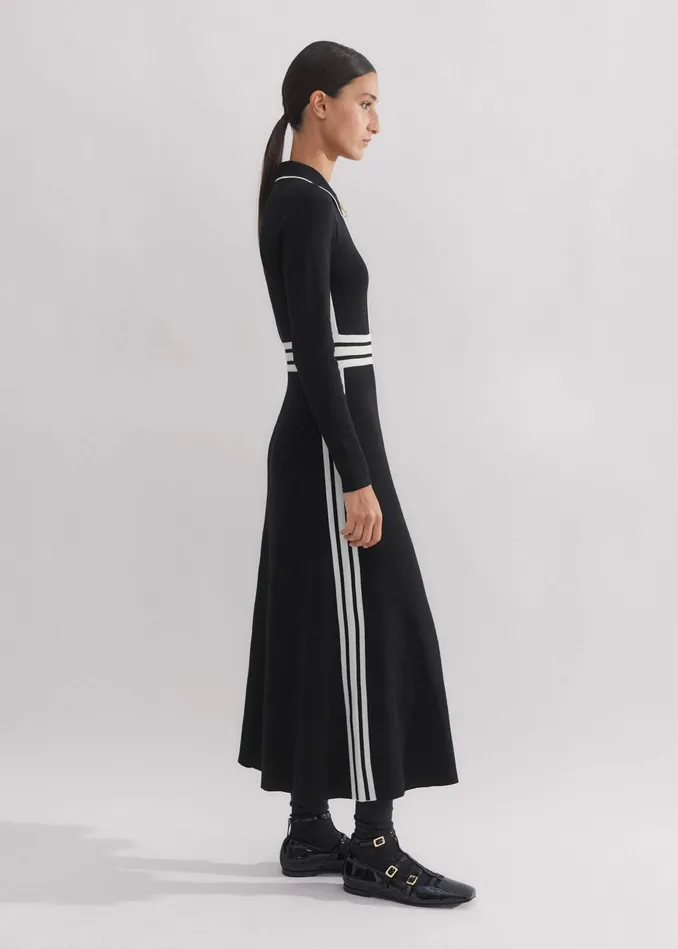 Women Collared Stripe Panelled Knit Maxi Dress Blackcream MEEM