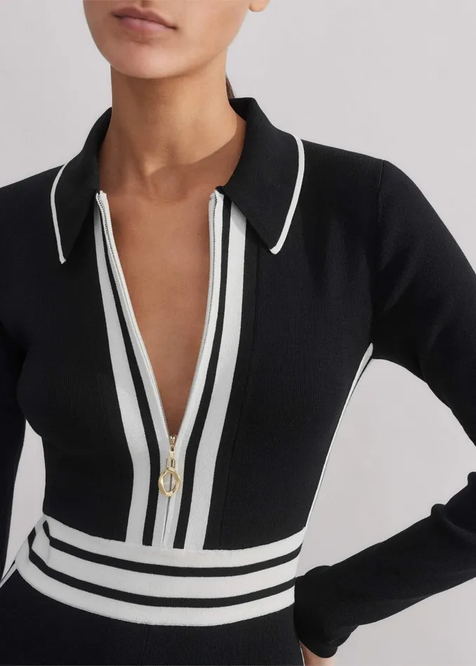 Women Collared Stripe Panelled Knit Maxi Dress Blackcream MEEM