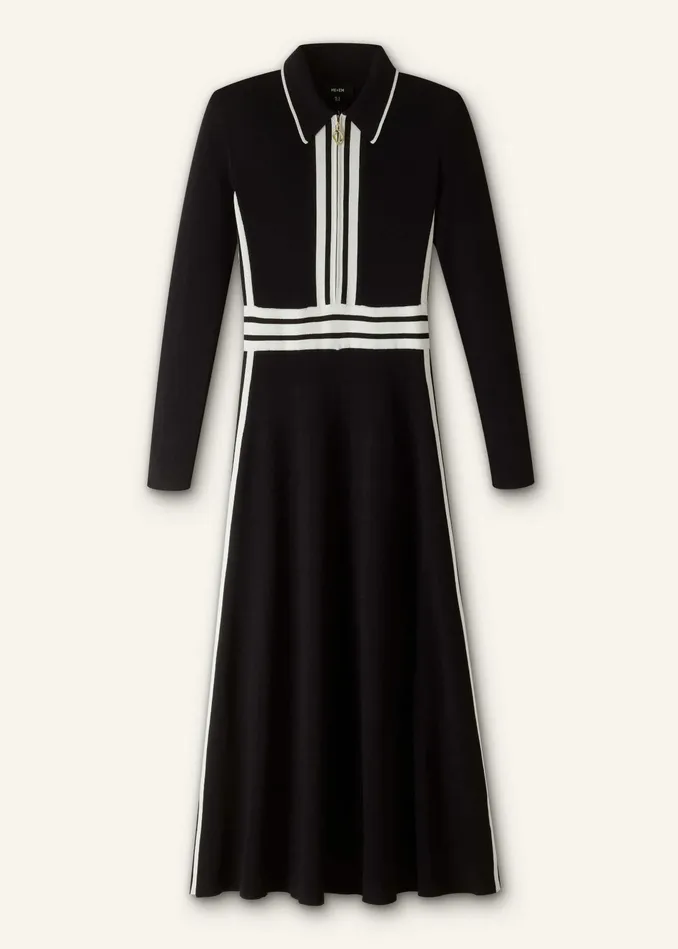 Women Collared Stripe Panelled Knit Maxi Dress Blackcream MEEM