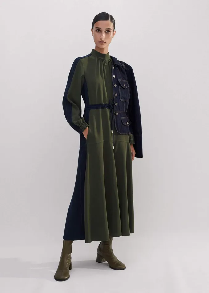 Women Color Block Drawstring Maxi Dress Winter Olivenavy MEEM