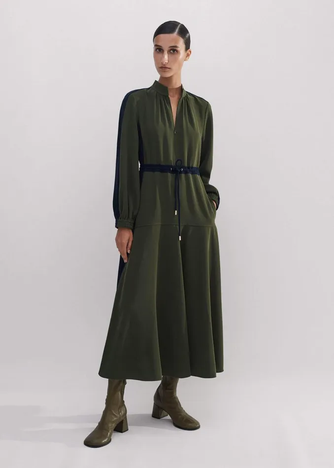 Women Color Block Drawstring Maxi Dress Winter Olivenavy MEEM