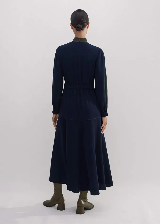 Women Color Block Drawstring Maxi Dress Winter Olivenavy MEEM
