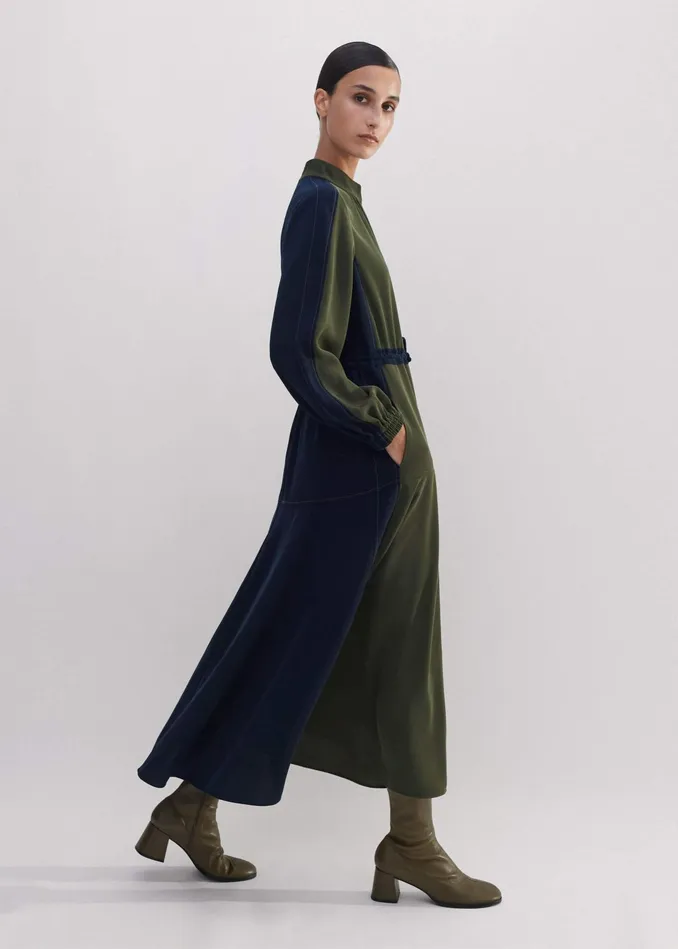 Women Color Block Drawstring Maxi Dress Winter Olivenavy MEEM
