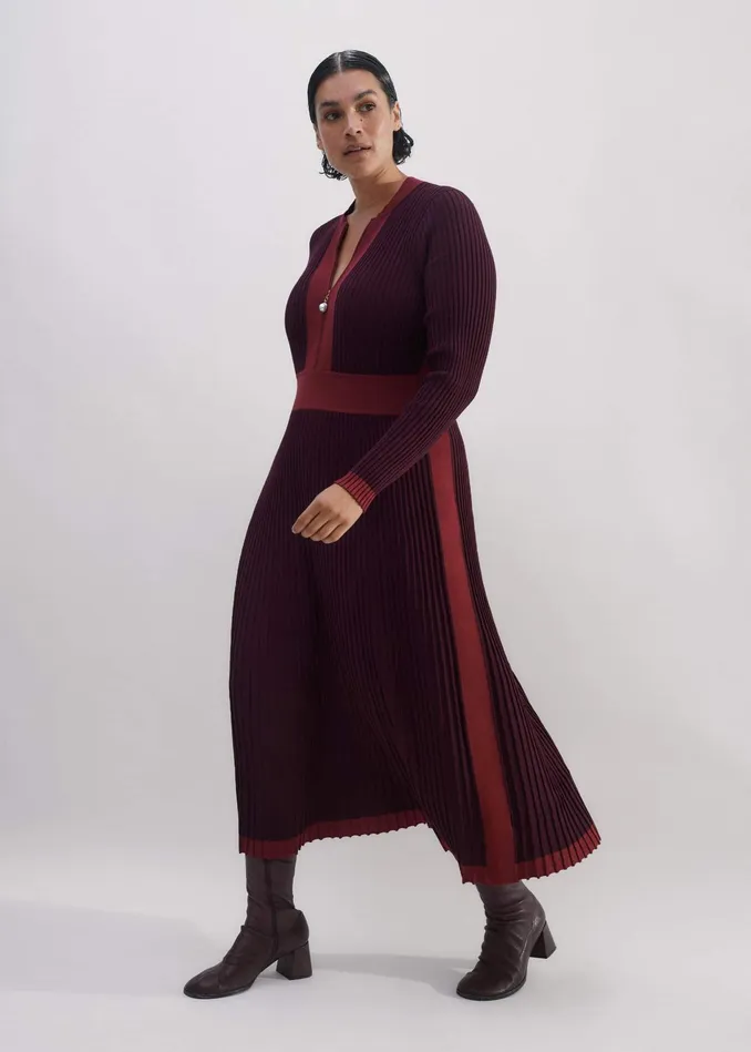 Women Contrast Panel Pearl Zip Maxi Dress Intense Merlotintense Red MEEM