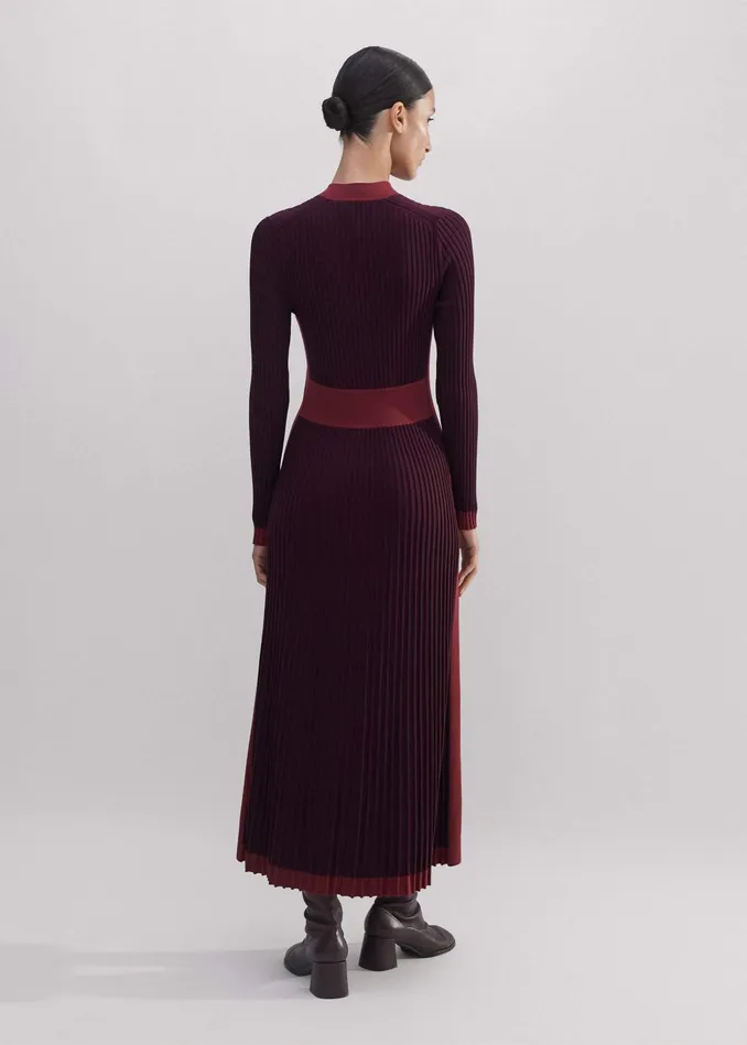 Women Contrast Panel Pearl Zip Maxi Dress Intense Merlotintense Red MEEM