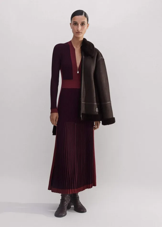 Women Contrast Panel Pearl Zip Maxi Dress Intense Merlotintense Red MEEM