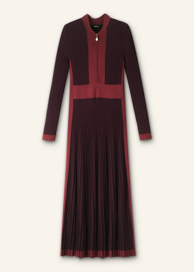 Women Contrast Panel Pearl Zip Maxi Dress Intense Merlotintense Red MEEM