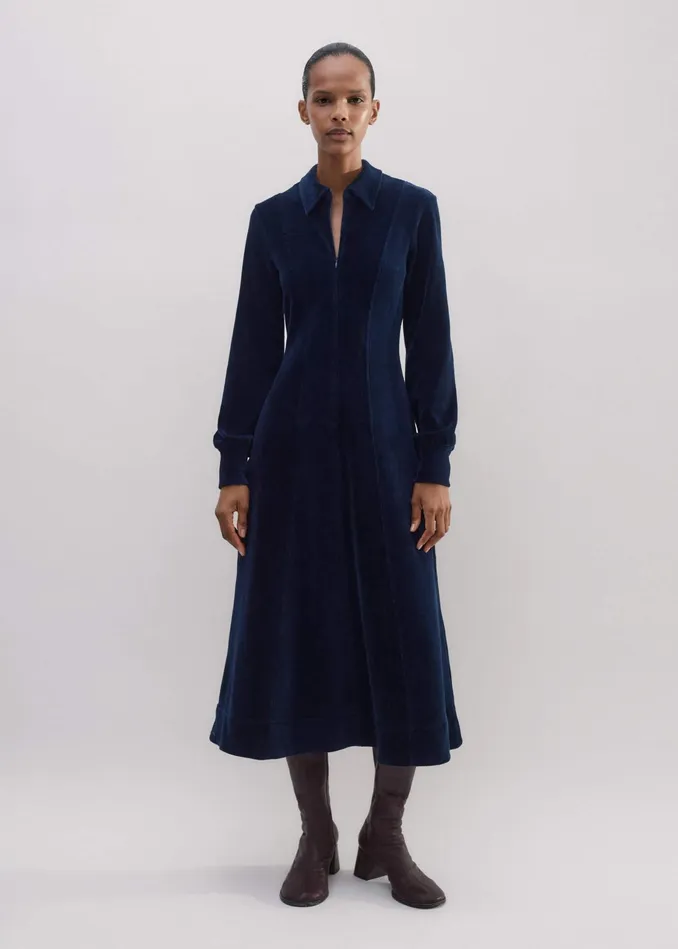 Women Cord Velour Fit And Flare Midi Dress Ink MEEM