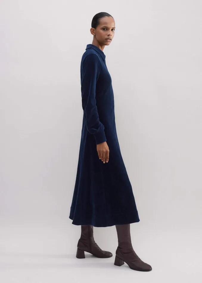 Women Cord Velour Fit And Flare Midi Dress Ink MEEM
