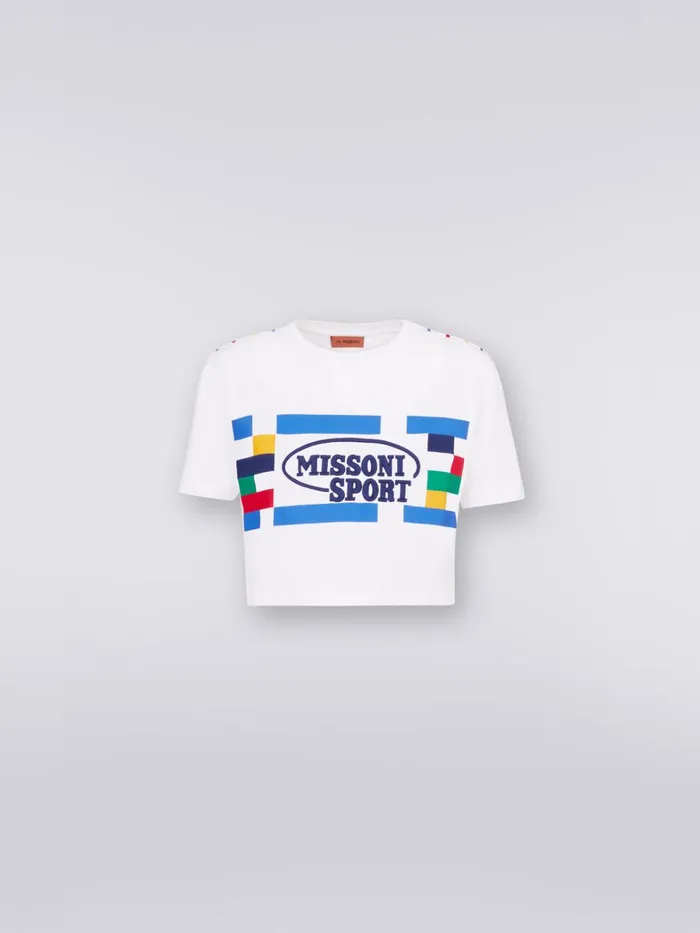 Women Cotton Crop Top With Legacy Logo Print And Embroidery White and Multicoloured Heritage Missoni Sport Women Cotton Crop Top With Legacy Logo Print And Embroidery White and Multicoloured Heritage Missoni Sport