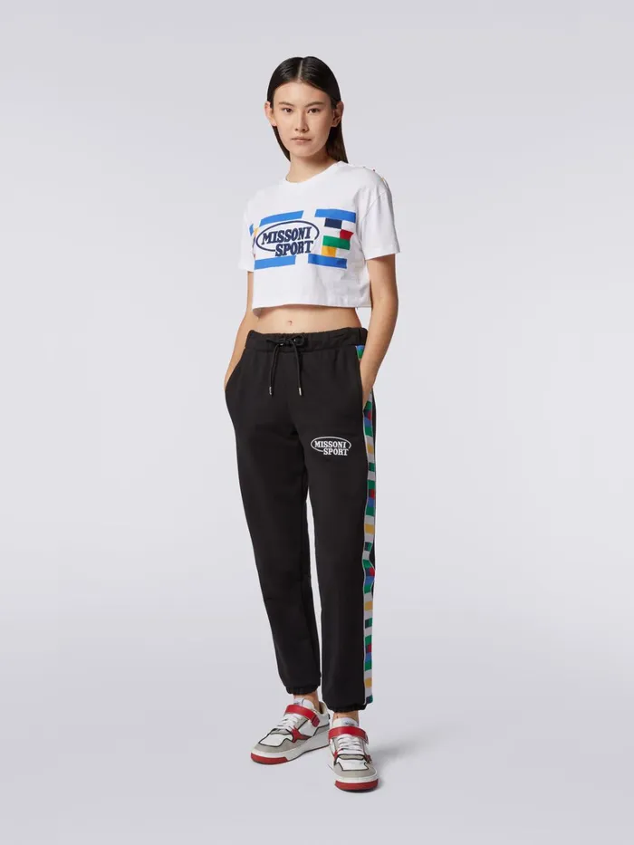 Women Cotton Crop Top With Legacy Logo Print And Embroidery White and Multicoloured Heritage Missoni Sport