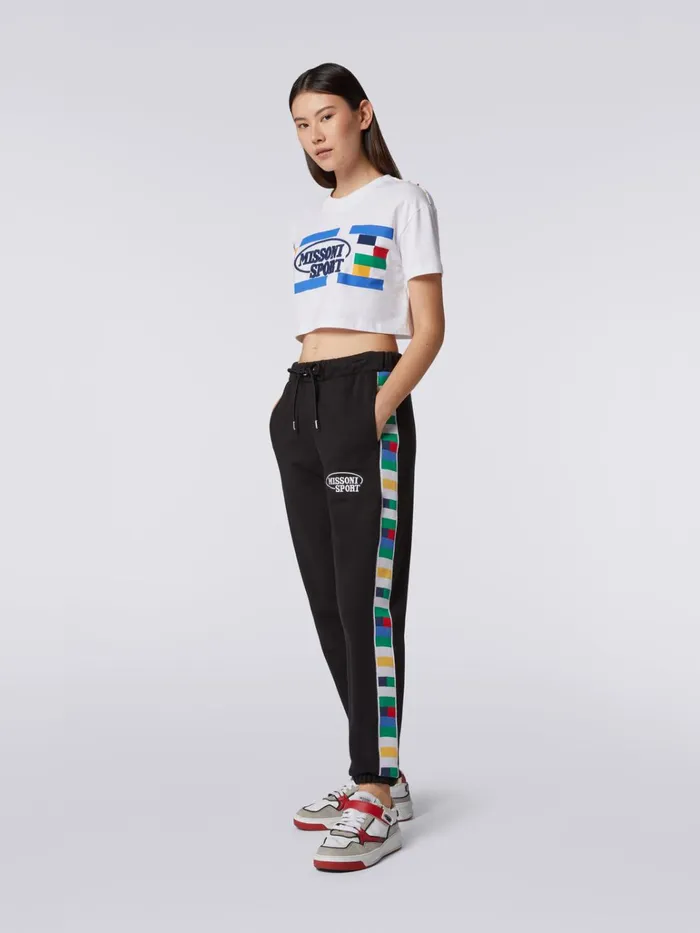 Women Cotton Crop Top With Legacy Logo Print And Embroidery White and Multicoloured Heritage Missoni Sport