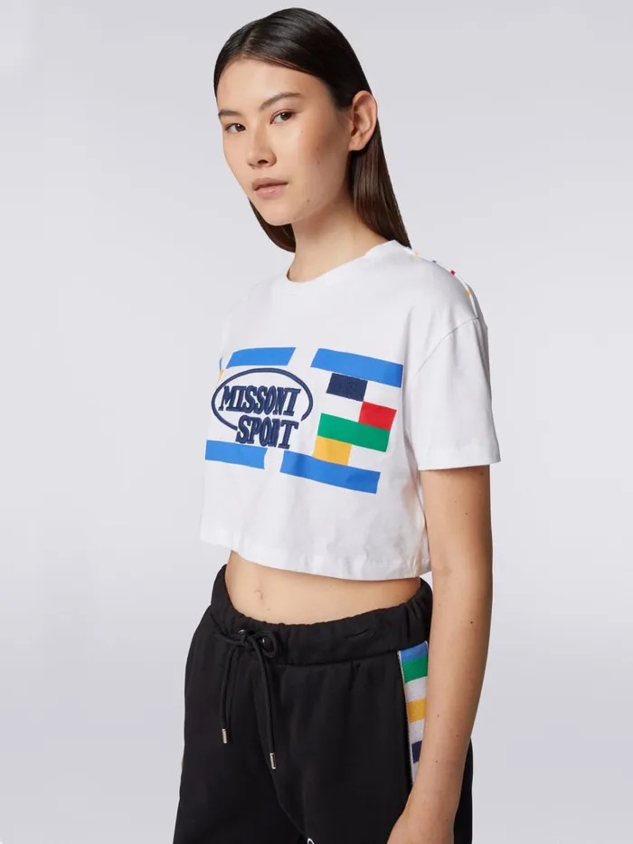 Women Cotton Crop Top With Legacy Logo Print And Embroidery White and Multicoloured Heritage Missoni Sport