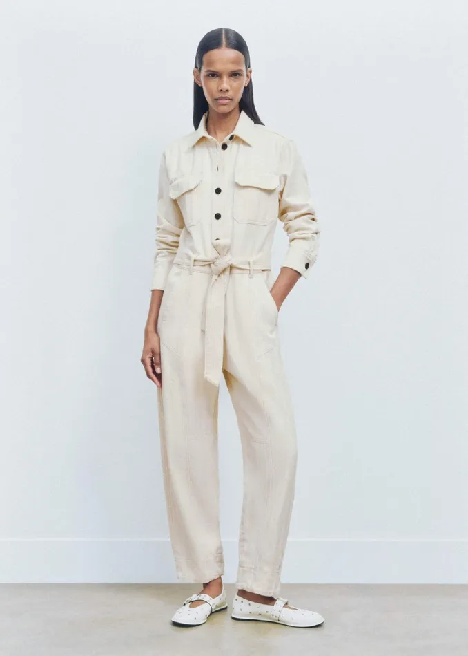 Women Cotton Herringbone Utility Jumpsuit Ecru MEEM