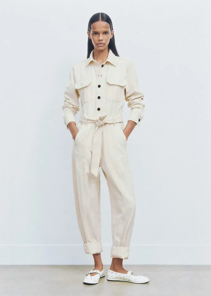 Women Cotton Herringbone Utility Jumpsuit Ecru MEEM