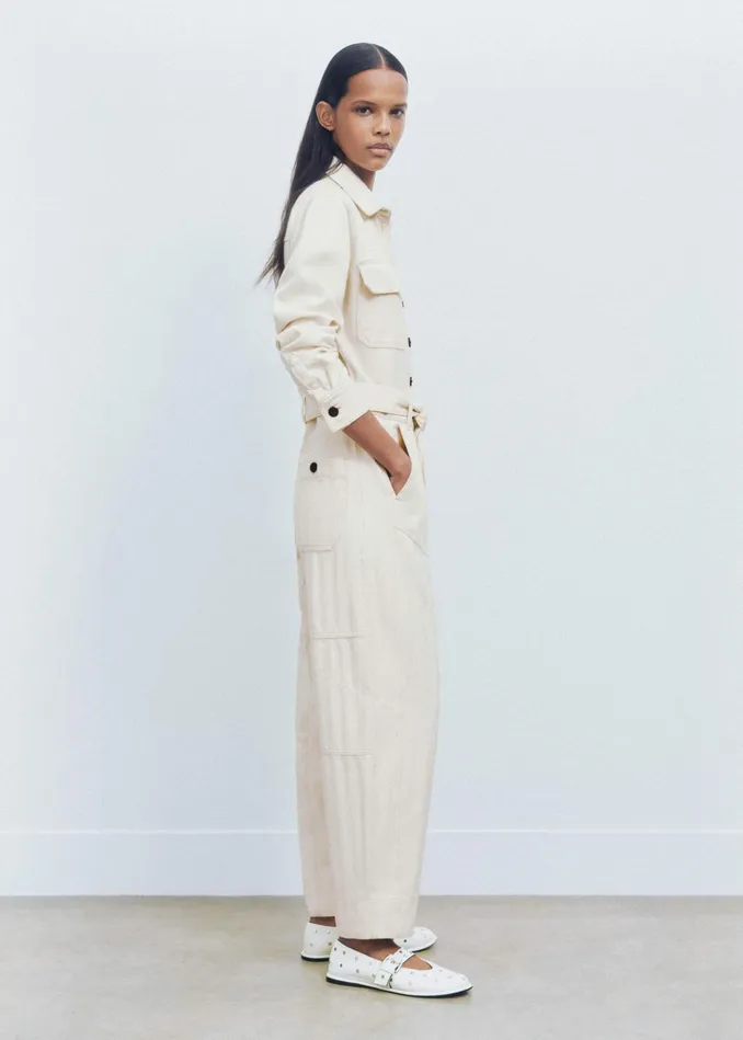 Women Cotton Herringbone Utility Jumpsuit Ecru MEEM