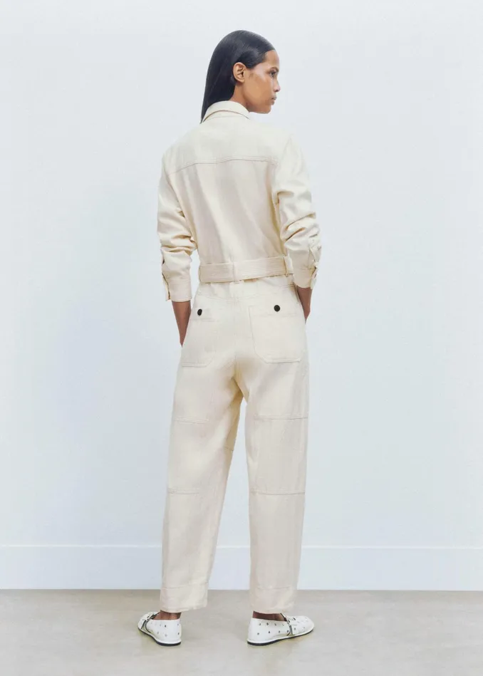 Women Cotton Herringbone Utility Jumpsuit Ecru MEEM