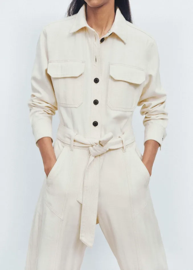 Women Cotton Herringbone Utility Jumpsuit Ecru MEEM