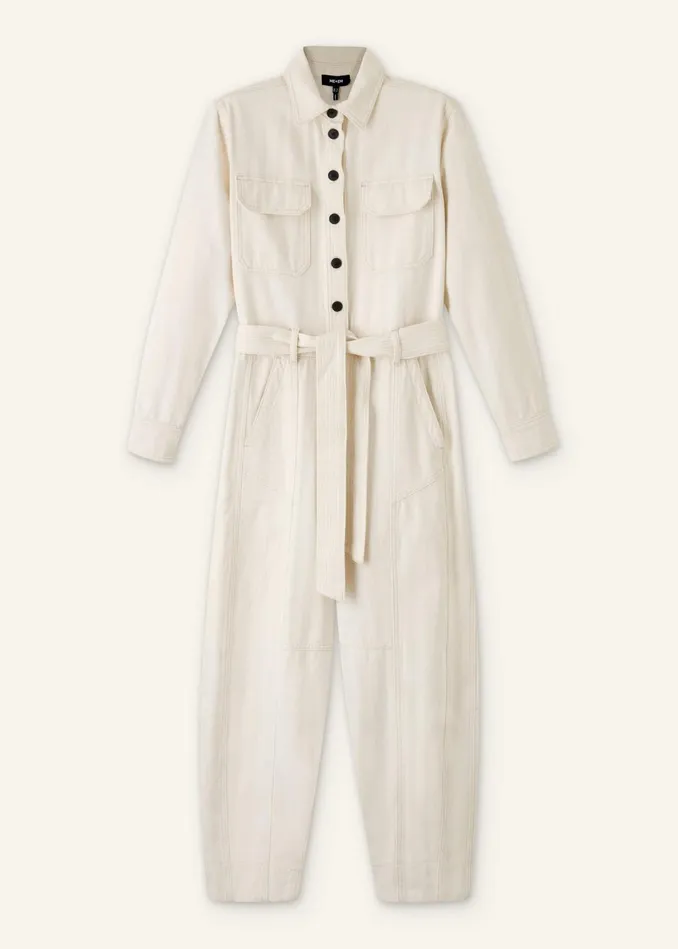 Women Cotton Herringbone Utility Jumpsuit Ecru MEEM