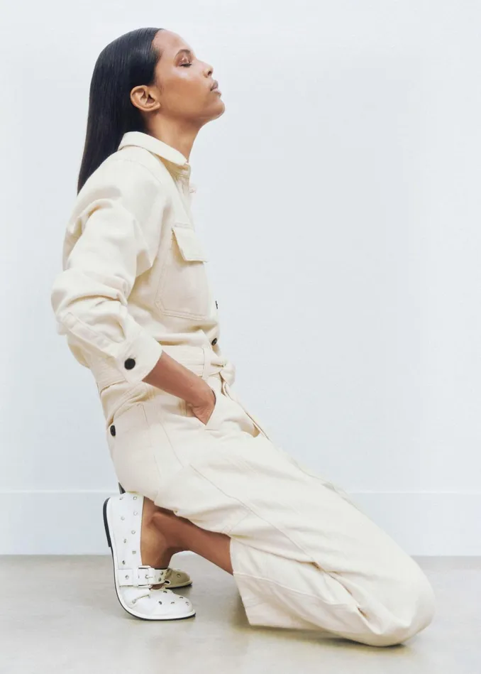 Women Cotton Herringbone Utility Jumpsuit Ecru MEEM