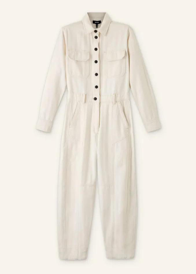 Women Cotton Herringbone Utility Jumpsuit Ecru MEEM
