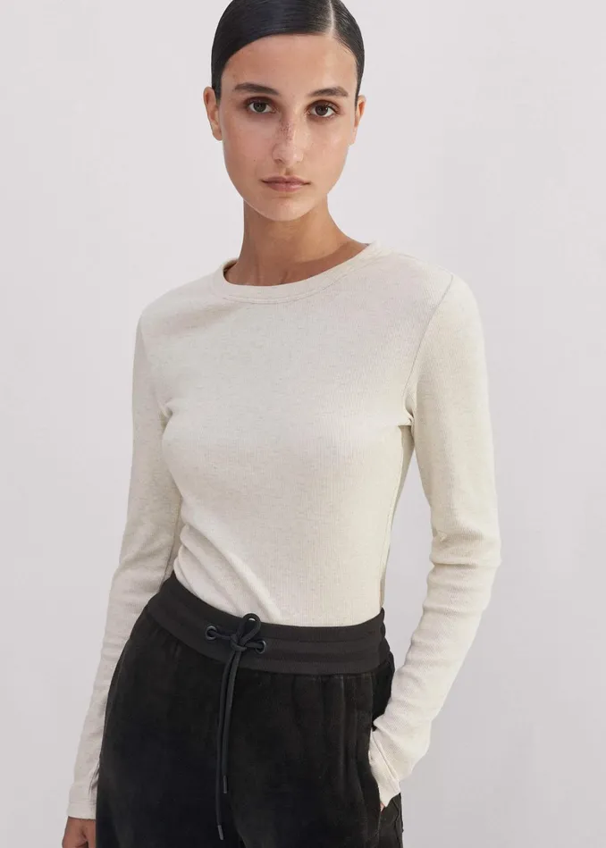 Women Cotton Rib Long Sleeve Top Cream Melange MEEM