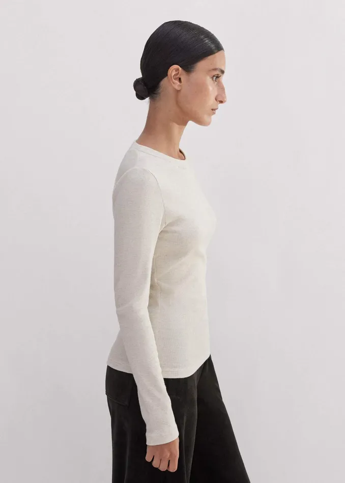 Women Cotton Rib Long Sleeve Top Cream Melange MEEM