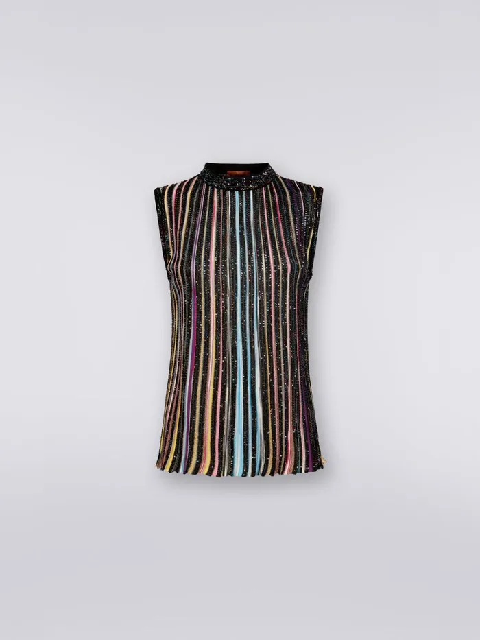 Women Cotton Sleeveless Top With Sequins Black and Multicoloured Missoni Tshirts And Tops