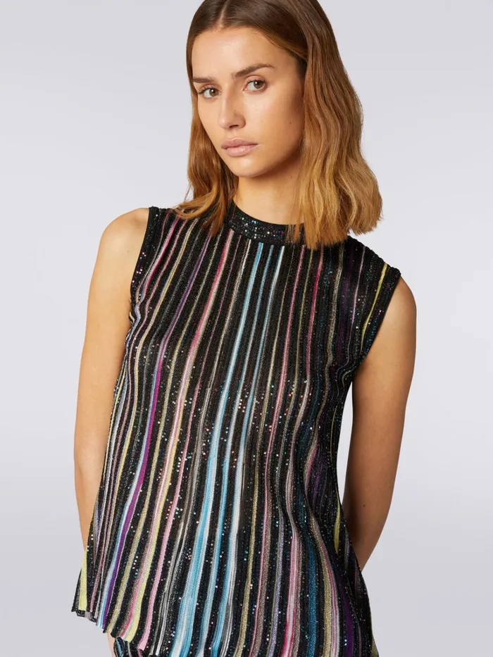 Women Cotton Sleeveless Top With Sequins Black and Multicoloured Missoni Tshirts And Tops