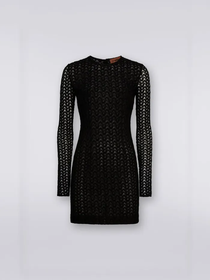 Women CrewNeck Mini Dress In Wool And Viscose With Zigzag Lace Black Missoni Dresses
