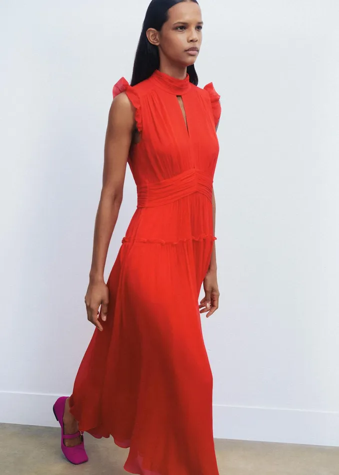 Women Crinkle Silk Maxi Dress Poppy Red MEEM