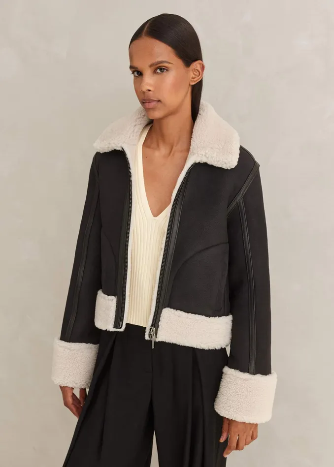 Women Crop Aviator Jacket Blackcream MEEM