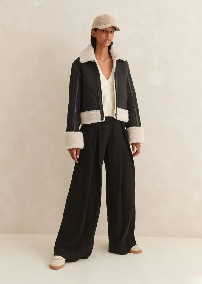 Women Crop Aviator Jacket Blackcream MEEM