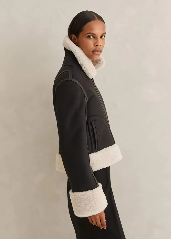 Women Crop Aviator Jacket Blackcream MEEM