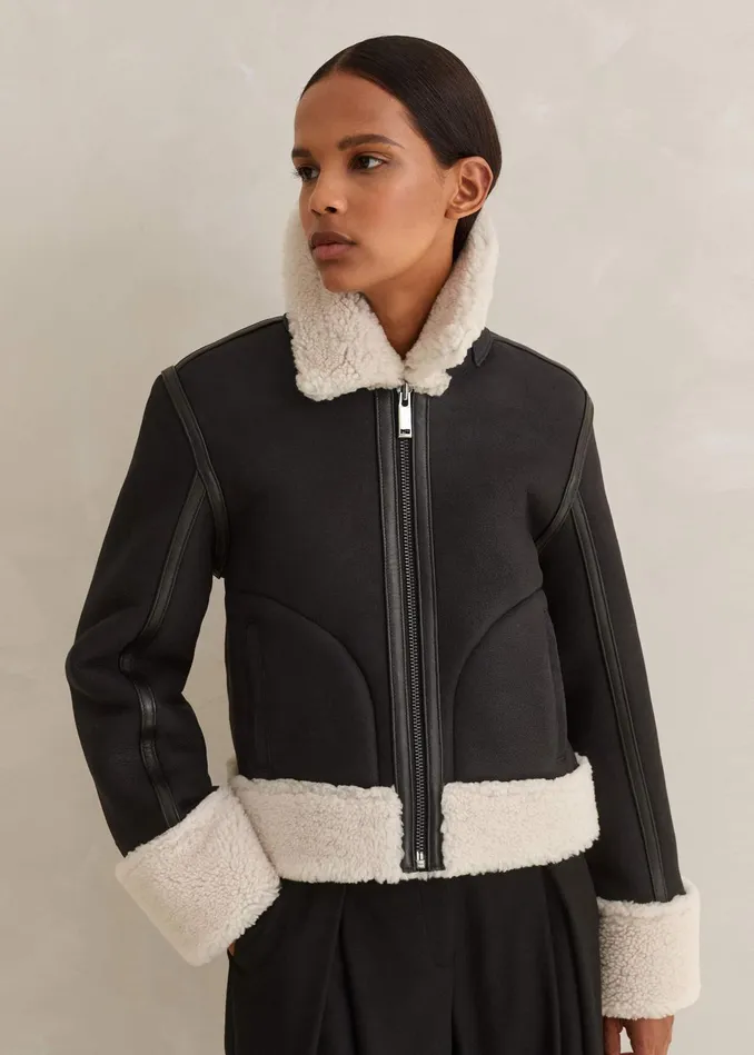 Women Crop Aviator Jacket Blackcream MEEM