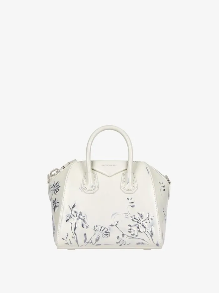 Women Crossbody Bags Givenchy Mini Antigona Bag In Leather With Floral Pattern Ivory