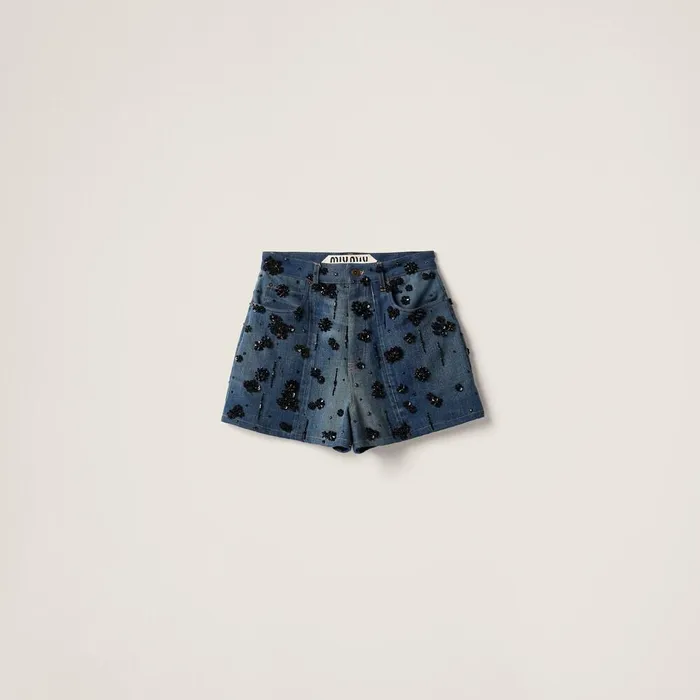 Women Denim Miu Miu Embellished Denim Shorts Navy