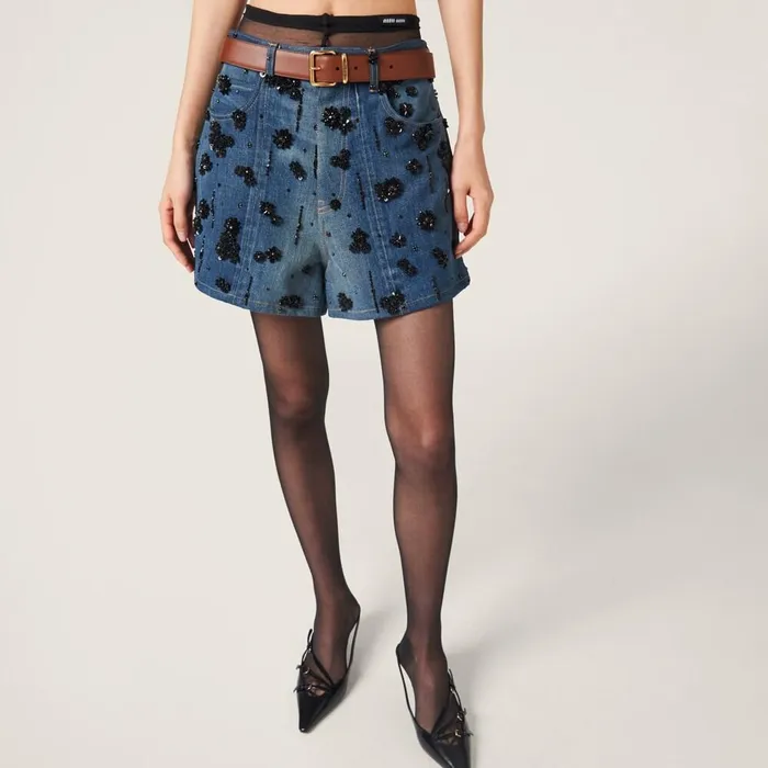 Women Denim Miu Miu Embellished Denim Shorts Navy Women Denim Miu Miu Embellished Denim Shorts Navy