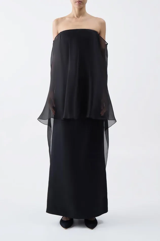 Women Dresses Gabriela Hearst Marisha Dress In Black Textured Linen With Silk Organza Sheer Cape