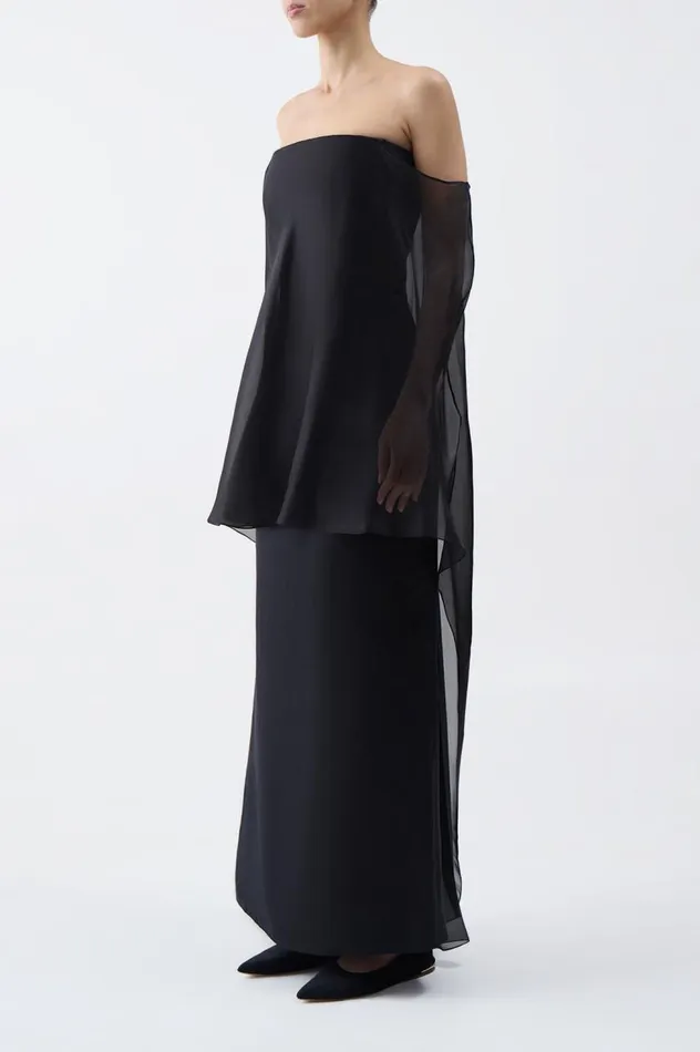 Women Dresses Gabriela Hearst Marisha Dress In Black Textured Linen With Silk Organza Sheer Cape
