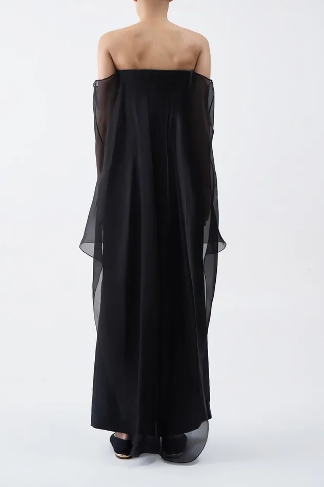 Women Dresses Gabriela Hearst Marisha Dress In Black Textured Linen With Silk Organza Sheer Cape