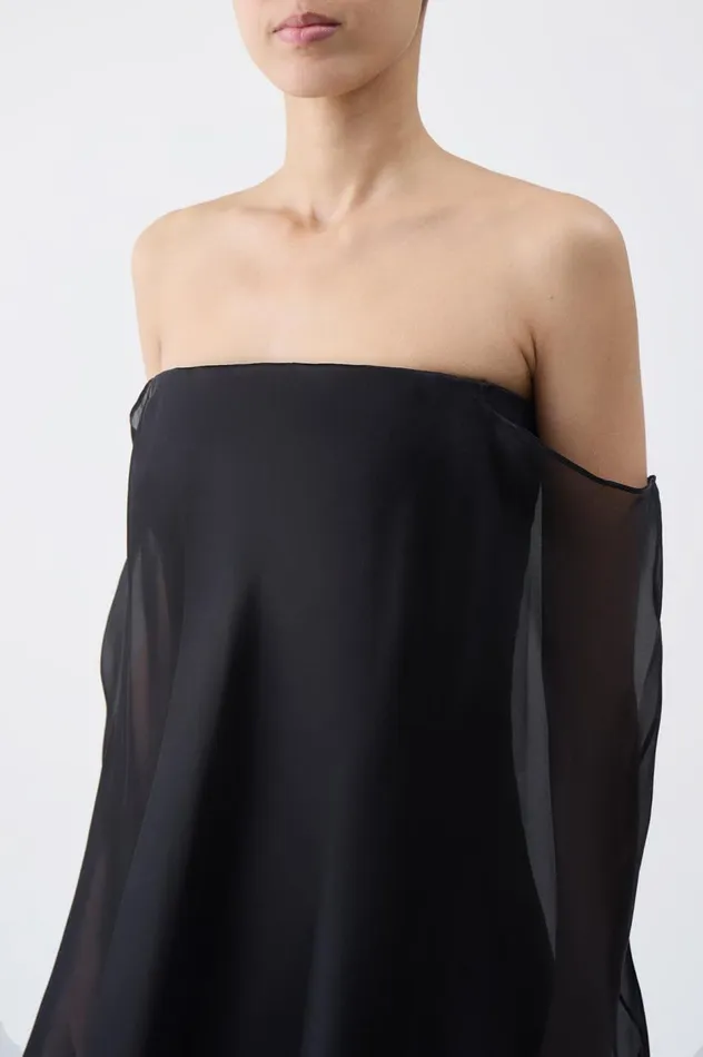 Women Dresses Gabriela Hearst Marisha Dress In Black Textured Linen With Silk Organza Sheer Cape