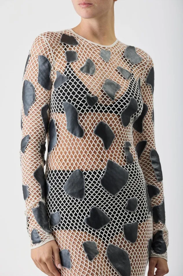 Women Dresses Gabriela Hearst Romeo Knit Dress In White Merino Wool With Metallic Nappa Leather Patches