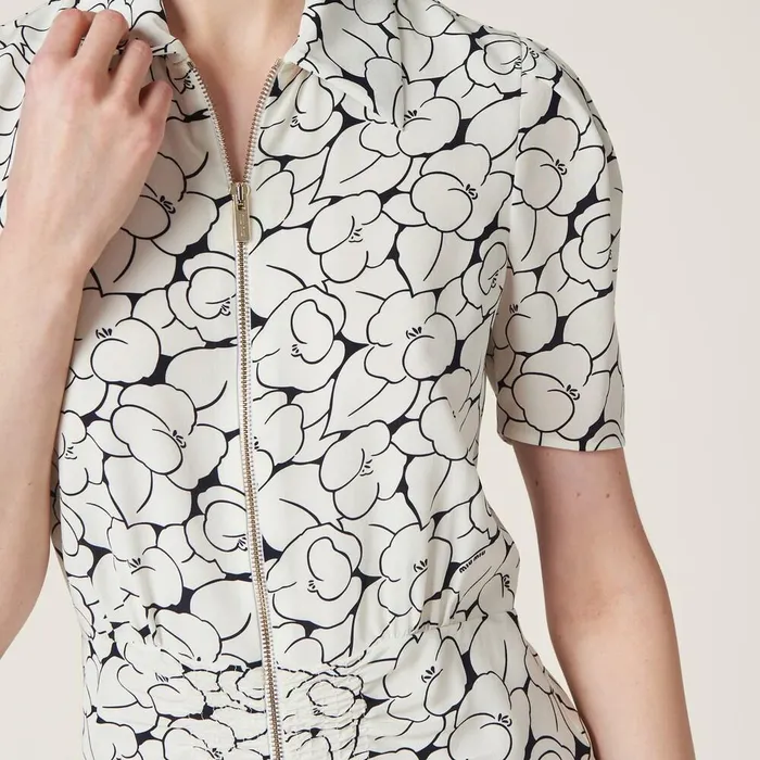 Women Dresses Miu Miu Crepe De Chine Floral Print Dress Whiteblue Women Dresses Miu Miu Crepe De Chine Floral Print Dress Whiteblue