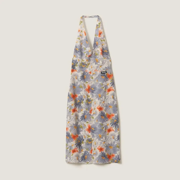 Women Dresses Miu Miu Floral Print Pleated Marocain Dress Cloudy Gray