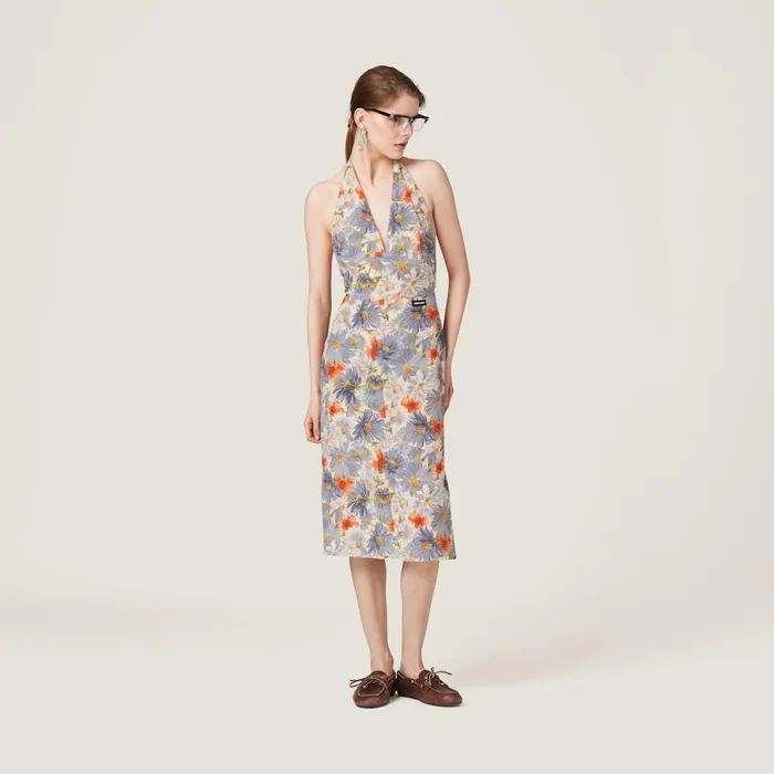 Women Dresses Miu Miu Floral Print Pleated Marocain Dress Cloudy Gray Women Dresses Miu Miu Floral Print Pleated Marocain Dress Cloudy Gray