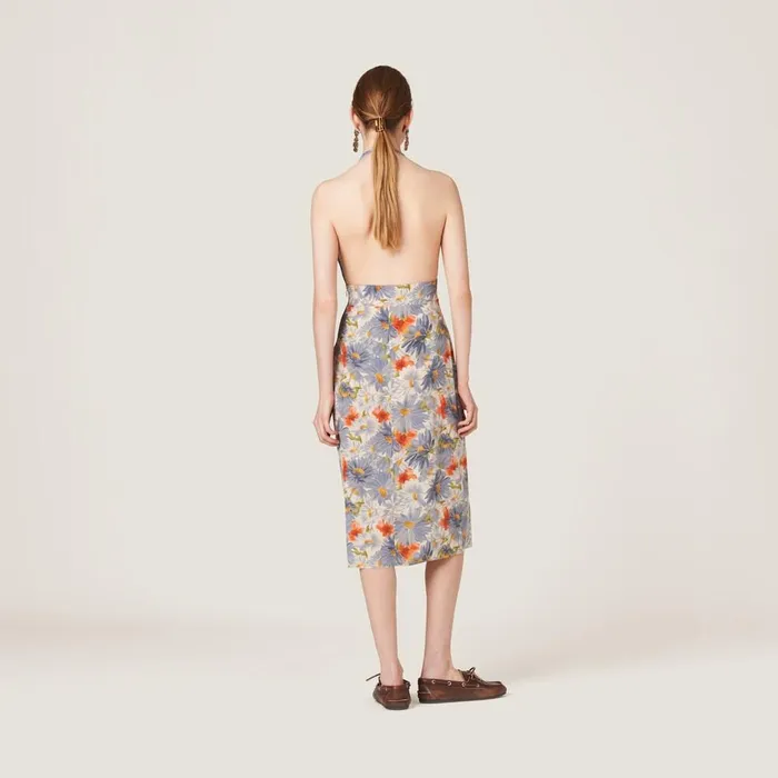 Women Dresses Miu Miu Floral Print Pleated Marocain Dress Cloudy Gray Women Dresses Miu Miu Floral Print Pleated Marocain Dress Cloudy Gray