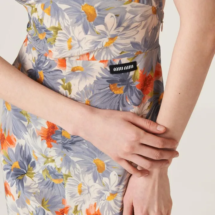 Women Dresses Miu Miu Floral Print Pleated Marocain Dress Cloudy Gray Women Dresses Miu Miu Floral Print Pleated Marocain Dress Cloudy Gray