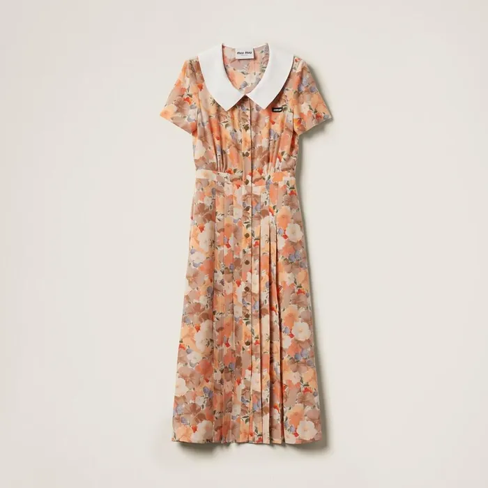 Women Dresses Miu Miu Floral Print Pleated Marocain Dress Peach