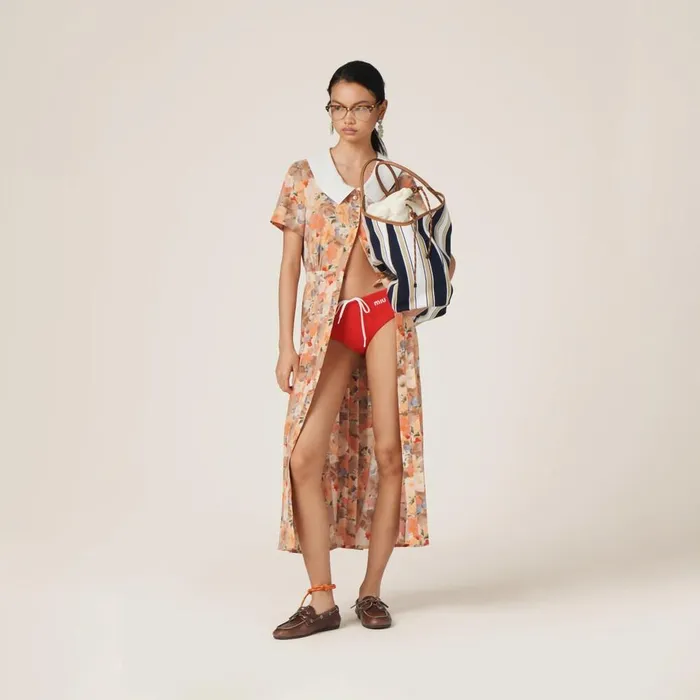 Women Dresses Miu Miu Floral Print Pleated Marocain Dress Peach Women Dresses Miu Miu Floral Print Pleated Marocain Dress Peach